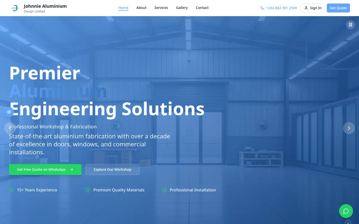 Homepage of the Johnnie Aluminium fabrication website