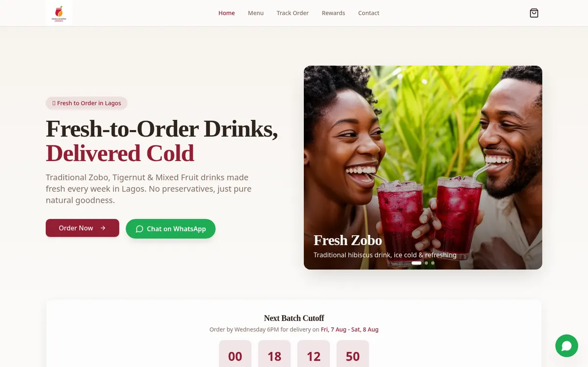 Homepage of the Delectable Drinks online ordering website