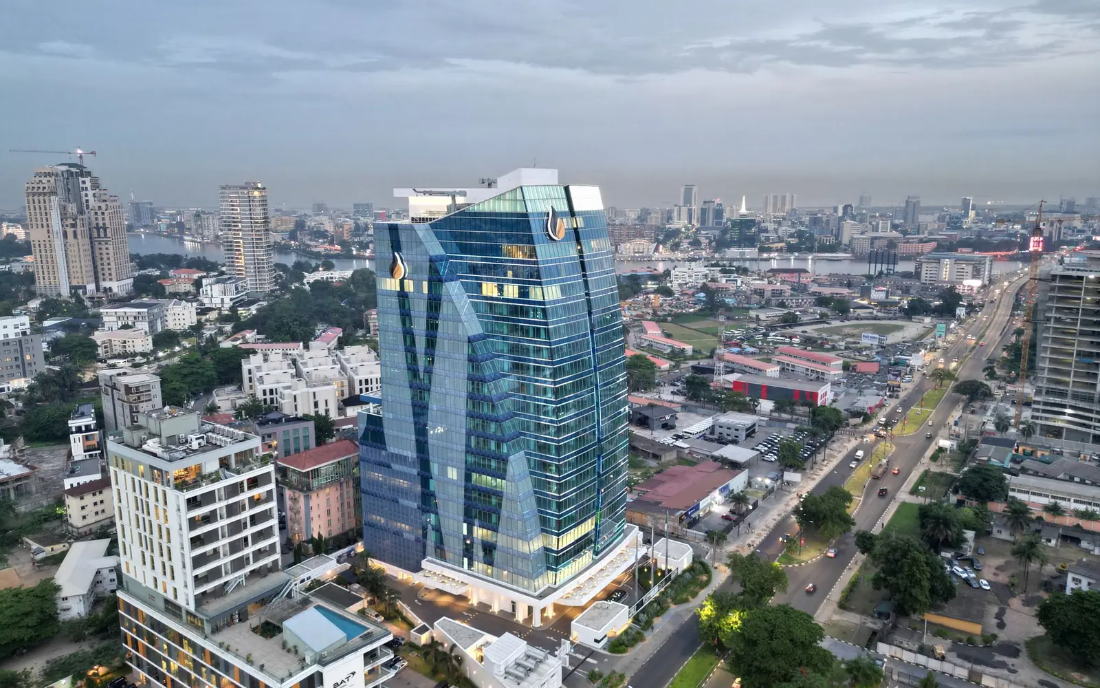 Aerial view of the Lagos city skyline at dusk on Victoria Island