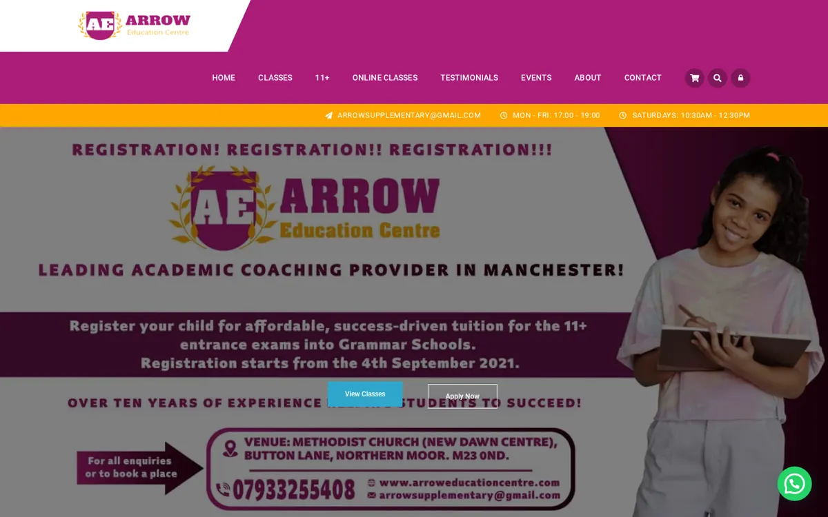 Homepage of the Arrow Education Centre tuition website